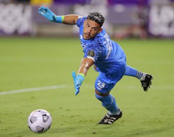 Costa Rica goalkeeper LEONEL MOREIRA (23) misses a block during the 2021 Concacaf Gold Cup Costa Rica vs Jamaica soccer match at Exploria Stadium in Orlando, Fl on July 20, 2021.