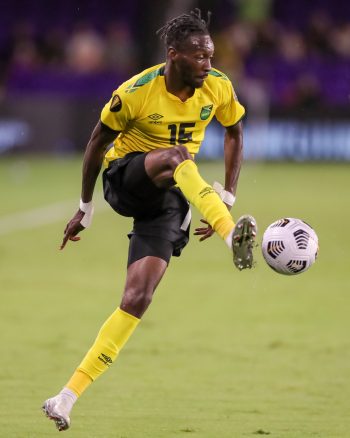 Jamaica forward BLAIR TURGOTT (15) receives the ball during the 2021 Concacaf Gold Cup Costa Rica vs Jamaica soccer match at Exploria Stadium in Orlando, Fl on July 20, 2021.