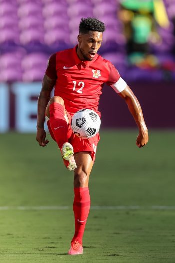 Guadeloupe defender MICKAEL ALPHONSE (12) receives a pass during the 2021 Concacaf Gold Cup Guadeloupe vs Jamaica soccer match at Exploria Stadium in Orlando, Fl on July 16, 2021.