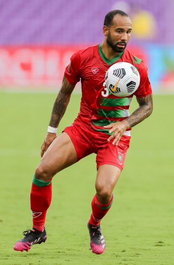 Suriname defender SEAN KLAIBER (3) sets up a play during the 2021 Concacaf Gold Cup Jamaica vs Suriname soccer match at Exploria Stadium in Orlando, Fl on July 12, 2021.