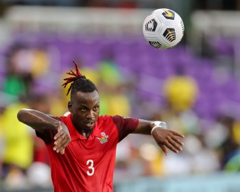 Guadeloupe defender KELLY IREP (3) makes a throw in during the 2021 Concacaf Gold Cup Guadeloupe vs Jamaica soccer match at Exploria Stadium in Orlando, Fl on July 16, 2021.