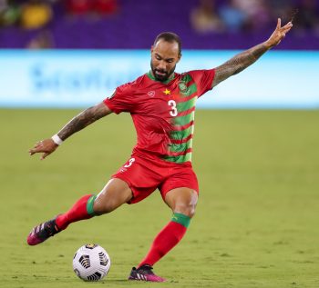Suriname defender SEAN KLAIBER (3) sets up a pass during the 2021 Concacaf Gold Cup Suriname vs Costa Rica soccer match at Exploria Stadium in Orlando, Fl on July 16, 2021.
