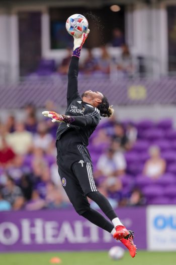 Orlando City goalkeeper PEDRO GALLESE (1) makes a save during warm ups during the Orlando City vs Philadelphia Union  match at Exploria Stadium in Orlando, Fl on July 22, 2021.