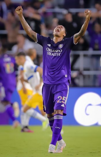 Orlando City defender ANTONIO CARLOS (25) celebrates after a goal is scored during the MLS Orlando City vs San Jose Earthquakes soccer match at Exploria Stadium in Orlando, Fl on June 22, 2021.
