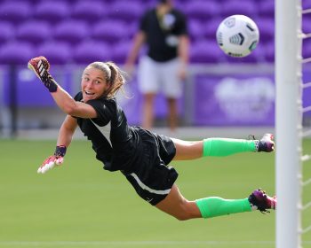 Washington Spirit goalkeeper AUBREY BLEDSOE (1) misses a block during warm ups during the NWSL Orlando Pride vs Washington Spirit soccer match at Exploria Stadium in Orlando, Fl on May 16, 2021.