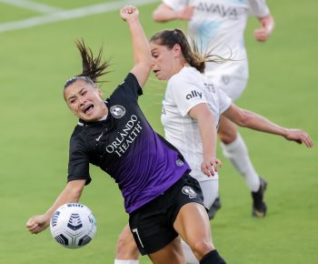 Orlando Pride defender ALI RILEY (7) competes for the ball during the NWSL Challenge Cup Orlando Pride vs NJ/NY Gotham FC match at Exploria Stadium in Orlando, Fl on April 14, 2021.