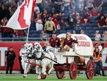 The Oklahoma Sooners mascots take the field before the game during the 2022 NCAA Cheez-It Bowl game between the Florida State Seminoles and Oklahoma Sooners at Camping World Stadium  in Orlando, FL on December 29, 2022.