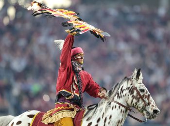 The Florida State Seminole mascot rides during the 2022 NCAA Cheez-It Bowl game between the Florida State Seminoles and Oklahoma Sooners at Camping World Stadium  in Orlando, FL on December 29, 2022.