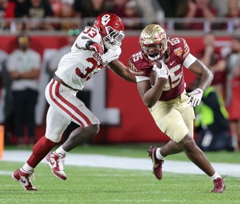 Florida State Seminoles tight end MARKESTON DOUGLAS (85) runs the ball during the 2022 NCAA Cheez-It Bowl game between the Florida State Seminoles and Oklahoma Sooners at Camping World Stadium  in Orlando, FL on December 29, 2022.