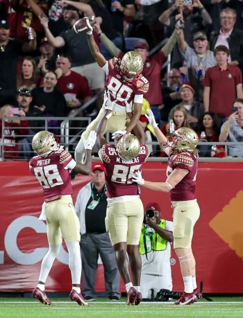 Florida State Seminoles wide receiver ONTARIA WILSON (80) celebrates after a touchdown during the 2022 NCAA Cheez-It Bowl game between the Florida State Seminoles and Oklahoma Sooners at Camping World Stadium  in Orlando, FL on December 29, 2022.