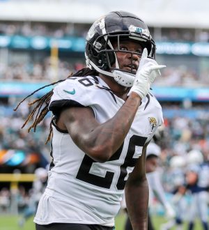 Jacksonville Jaguars cornerback SHAQUILL GRIFFIN (26) gestures to the fans during the Jacksonville Jaquars vs Indianapolis Colts NFL game at TIAA Bank Field Stadium in Jacksonville, Fl on September 18, 2022.