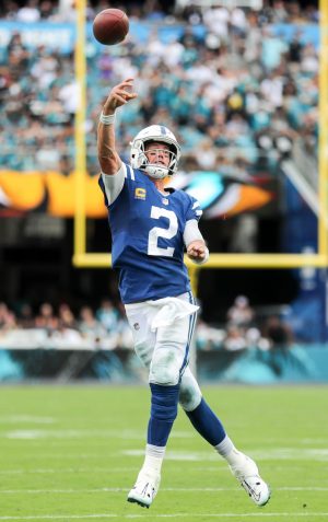 Indianapolis Colts quarterback MATT RYAN (2) makes a pass during the Jacksonville Jaquars vs Indianapolis Colts NFL game at TIAA Bank Field Stadium in Jacksonville, Fl on September 18, 2022.
