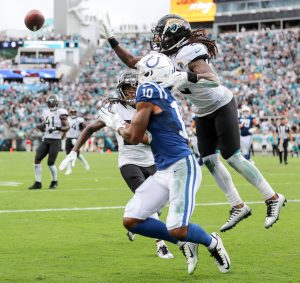 Jacksonville Jaguars safety RAYSHAWN JENKINS (2) blocks a pass during the Jacksonville Jaquars vs Indianapolis Colts NFL game at TIAA Bank Field Stadium in Jacksonville, Fl on September 18, 2022.