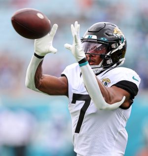Jacksonville Jaguars wide receiver ZAY JONES (7) receives a pass at warm ups during the Jacksonville Jaquars vs Indianapolis Colts NFL game at TIAA Bank Field Stadium in Jacksonville, Fl on September 18, 2022.