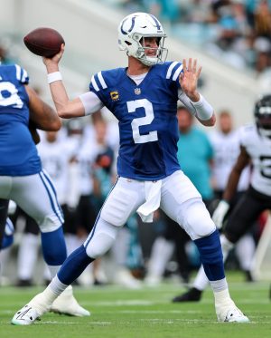 Indianapolis Colts quarterback MATT RYAN (2) throws a pass during the Jacksonville Jaquars vs Indianapolis Colts NFL game at TIAA Bank Field Stadium in Jacksonville, Fl on September 18, 2022.
