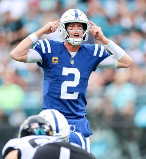 Indianapolis Colts quarterback MATT RYAN (2) calls a play during the Jacksonville Jaquars vs Indianapolis Colts NFL game at TIAA Bank Field Stadium in Jacksonville, Fl on September 18, 2022.