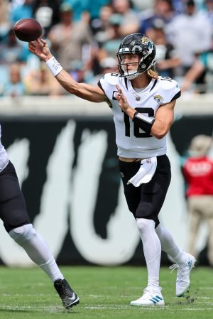 Jacksonville Jaguars quarterback TREVOR LAWRENCE (16) throws a pass during the Jacksonville Jaquars vs Indianapolis Colts NFL game at TIAA Bank Field Stadium in Jacksonville, Fl on September 18, 2022.