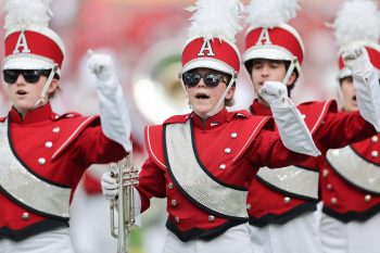 Members of the Arkansas marching band perform during the Outback Bowl at Raymond James Stadium in Tampa, FL on January 1, 2022.