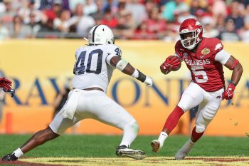 Arkansas Razorbacks running back RAHEIM SANDERS (5) runs the ball during the Outback Bowl at Raymond James Stadium in Tampa, FL on January 1, 2022.
