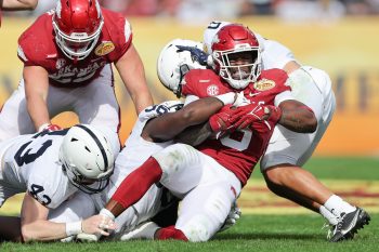Arkansas Razorbacks running back RAHEIM SANDERS (5) gets tackled during the Outback Bowl at Raymond James Stadium in Tampa, FL on January 1, 2022.