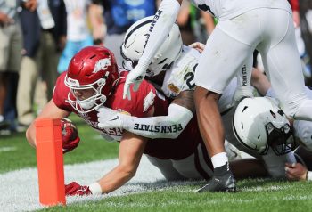 Arkansas Razorbacks tight end BLAKE KERN (87) makes a dive towards the end zone during the Outback Bowl at Raymond James Stadium in Tampa, FL on January 1, 2022.
