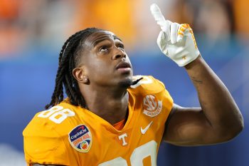 Tennessee Volunteers tight end PRINCETON FANT (88) says a prayer before the game during the 2022 NCAA Capital One Orange  Bowl game between the Tennessee Volunteers  and the Clemson Tigers at Hard Rock Stadium  in Miami Gardens, FL on December 30, 2022.