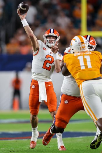 Clemson Tigers quarterback CADE KLUBNIK (2) throws the ball during the 2022 NCAA Capital One Orange  Bowl game between the Tennessee Volunteers  and the Clemson Tigers at Hard Rock Stadium  in Miami Gardens, FL on December 30, 2022.
