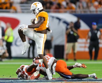 Tennessee Volunteers tight end PRINCETON FANT (88) avoids being tackled during the 2022 NCAA Capital One Orange  Bowl game between the Tennessee Volunteers  and the Clemson Tigers at Hard Rock Stadium  in Miami Gardens, FL on December 30, 2022.