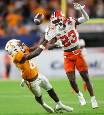 Tennessee Volunteers wide receiver RAMEL KEYTON (80) misses a catch defended by Clemson Tigers cornerback TORIANO PRIDE JR. (23) during the 2022 NCAA Capital One Orange  Bowl game between the Tennessee Volunteers  and the Clemson Tigers at Hard Rock Stadium  in Miami Gardens, FL on December 30, 2022.