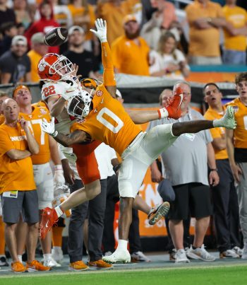 Clemson Tigers wide receiver COLE TURNER (22) leaps and misses a catch during the 2022 NCAA Capital One Orange  Bowl game between the Tennessee Volunteers  and the Clemson Tigers at Hard Rock Stadium  in Miami Gardens, FL on December 30, 2022.