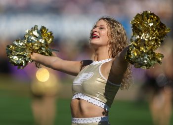 A Purdue cheerleader cheers during the 2023 NCAA Cheez-It Citrus Bowl game between the LSU Fighting Tigers and the Purdue Boilermakers at Camping World Stadium in Orlando, FL on January 2, 2023.
