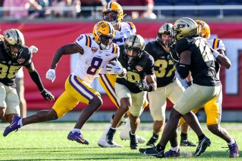 LSU Tigers wide receiver MALIK NABERS (8) runs with the ball during the 2023 NCAA Cheez-It Citrus Bowl game between the LSU Fighting Tigers and the Purdue Boilermakers at Camping World Stadium in Orlando, FL on January 2, 2023.