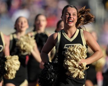 Purdue cheerleaders perform during the 2023 NCAA Cheez-It Citrus Bowl game between the LSU Fighting Tigers and the Purdue Boilermakers at Camping World Stadium in Orlando, FL on January 2, 2023.