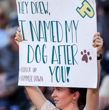 A Purdue fan holds a sign during the 2023 NCAA Cheez-It Citrus Bowl game between the LSU Fighting Tigers and the Purdue Boilermakers at Camping World Stadium in Orlando, FL on January 2, 2023.