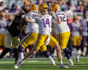 LSU Tigers quarterback WALKER HOWARD (14) throws a pass during the 2023 NCAA Cheez-It Citrus Bowl game between the LSU Fighting Tigers and the Purdue Boilermakers at Camping World Stadium in Orlando, FL on January 2, 2023.