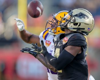 Purdue Boilermakers wide receiver DEION BURKS (4) drops a reception during the 2023 NCAA Cheez-It Citrus Bowl game between the LSU Fighting Tigers and the Purdue Boilermakers at Camping World Stadium in Orlando, FL on January 2, 2023.
