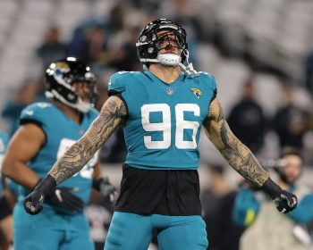 Jacksonville Jaguars defensive end ADAM GOTSIS (96) reacts while taking the field during the Jacksonville Jaguars vs Tennessee Titans NFL game at TIAA Bank Field Stadium in Jacksonville, Fl on January 7, 2023.