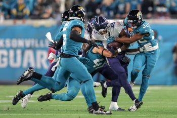Tennessee Titans wide receiver RACEY MCMATH (13) gets tackled during the Jacksonville Jaguars vs Tennessee Titans NFL game at TIAA Bank Field Stadium in Jacksonville, Fl on January 7, 2023.