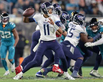 Tennessee Titans quarterback JOSHUA DOBBS (11) prepares to throw the ball during the Jacksonville Jaguars vs Tennessee Titans NFL game at TIAA Bank Field Stadium in Jacksonville, Fl on January 7, 2023.
