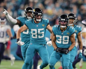 Jacksonville Jaguars wide receiver JAMAL AGNEW (39) celebrates after a big return run during the Jacksonville Jaguars vs Tennessee Titans NFL game at TIAA Bank Field Stadium in Jacksonville, Fl on January 7, 2023.