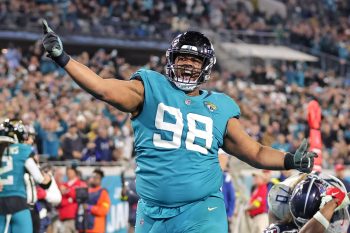 Jacksonville Jaguars defensive tackle COREY PETERS (98) reacts after making a stop during the Jacksonville Jaguars vs Tennessee Titans NFL game at TIAA Bank Field Stadium in Jacksonville, Fl on January 7, 2023.