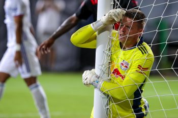 New York Red Bulls goalkeeper DAVID JENSEN (1) reacts after being scored on during the MLS is Back Tournament FC Cincinnati vs New York Red Bulls match at ESPN Wide World of Sports Complex in Orlando, Fl on July 22, 2020.