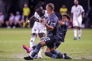 Minnesota United midfielder HASSANI DOTSON (31) and Minnesota United defender CHASE GASPER (77) make a play against Colorado Rapids defender KEEGAN ROSENBERRY (2) during the MLS is Back Tournament Colorado Rapids vs Minnesota United FC match at ESPN Wide World of Sports Complex in Orlando, Fl on July 22, 2020.