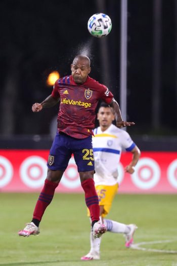 Real Salt Lake midfielder EVERTON LUIZ (25) goes up for a header during the MLS is Back Tournament San Jose Earthquakes vs Real Salt Lake match at ESPN Wide World of Sports Complex in Orlando, Fl on July 27, 2020.
