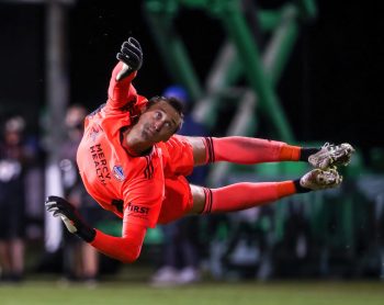 FC Cincinnati goalkeeper PRZEMYSLAW TYTON (22) makes a flying save during the MLS is Back Tournament Portland Timbers vs FC Cincinnati match at ESPN Wide World of Sports Complex in Orlando, Fl on July 28, 2020.