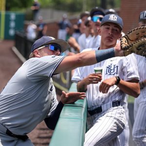 May 11, 2024; Asheboro, NC, USA; Wingate University first basemen Brett Adams (35) misses a fowl ball against Lincoln Memorial University during the SAC Baseball Tournament at McCrary Park. Mandatory Credit: Cory Knowlton-USA TODAY Sports