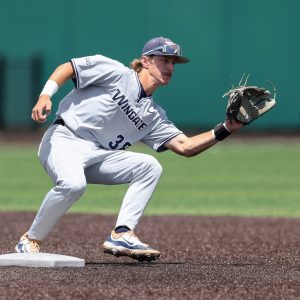 May 11, 2024; Asheboro, NC, USA; Wingate University infielder Jake Courville (38) catches the ball for an out against Lincoln Memorial University during the SAC Baseball Tournament at McCrary Park. Mandatory Credit: Cory Knowlton-USA TODAY Sports