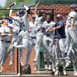 May 11, 2024; Asheboro, NC, USA; Wingate University outfielder Ricky Clark (24) celebrates after hitting a home run against Lincoln Memorial University during the SAC Baseball Tournament at McCrary Park. Mandatory Credit: Cory Knowlton-USA TODAY Sports