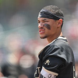 May 25, 2024; Charlotte, NC, USA; Wake Forest utility Seaver King (5) seen on deck against Florida State during the ACC Baseball Tournament at Truist Field. Mandatory Credit: Cory Knowlton-USA TODAY Sports
