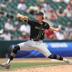 May 25, 2024; Charlotte, NC, USA; Wake Forest pitcher Josh Hartle (23) throws the ball against Florida State during the ACC Baseball Tournament at Truist Field. Mandatory Credit: Cory Knowlton-USA TODAY Sports